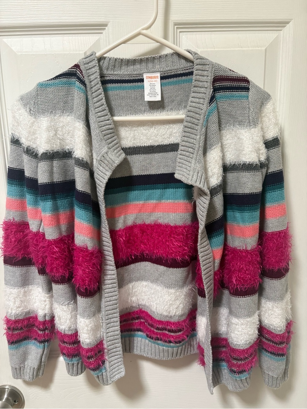 Gymboree Girls Gray Cardigan with Pink, Teal & Coral Stripes